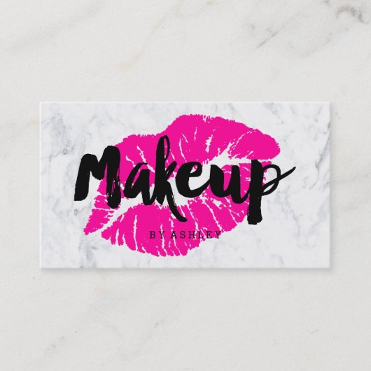 Makeup kunstenaar lipt neon roze typografie marmer visitekaartje (Voorkant)