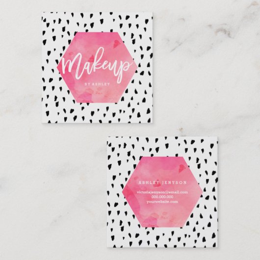 Makeup kunstenaar roze waterverf zwarte haarpunten vierkante visitekaartje (Voorkant / Achterkant)