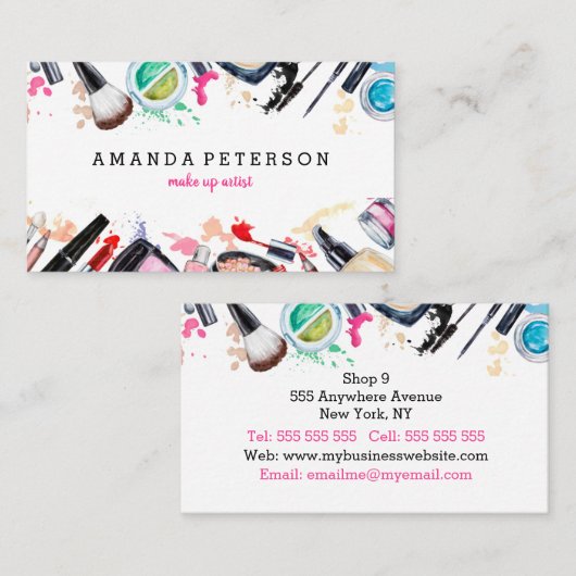 Makeup kunstenaar trendy waterverf modern salon visitekaartje (Voorkant / Achterkant)