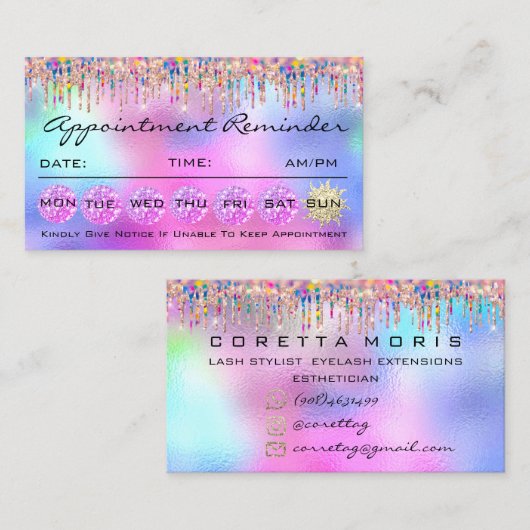 Makeup Lashes Appointment Herinnering Holografen R Visitekaartje (Voorkant / Achterkant)