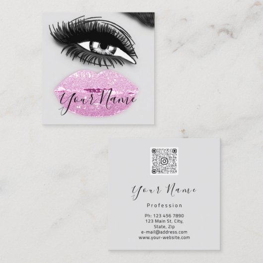 Makeup Lashes Grey Kiss Lips Logo QR Code Vierkante Visitekaartje (Voorkant / Achterkant)