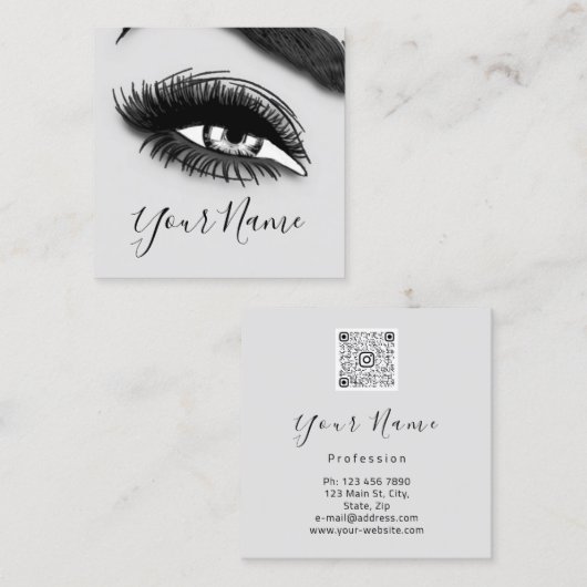 Makeup Lashes Grey Microblade Logo QR Code Vierkante Visitekaartje (Voorkant / Achterkant)