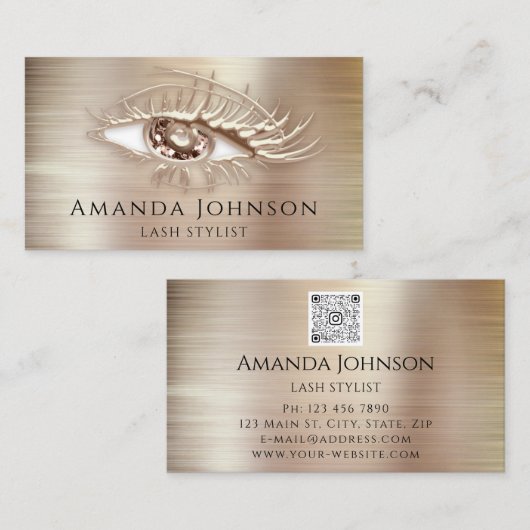 Makeup Logo Bruine Eyelash QR Code Roos Gold Visitekaartje (Voorkant / Achterkant)
