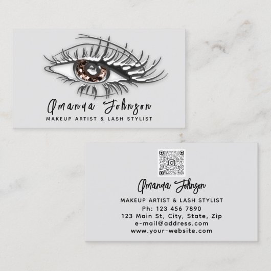 Makeup Logo Bruine Eyelash Qr-code Silver Visitekaartje (Voorkant / Achterkant)