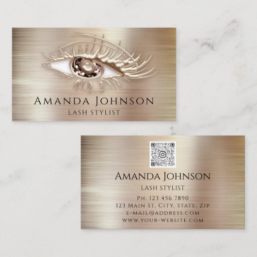 Makeup Logo Bruine Eyelash QrCode Roos Gold Visitekaartje (Voorkant / Achterkant)