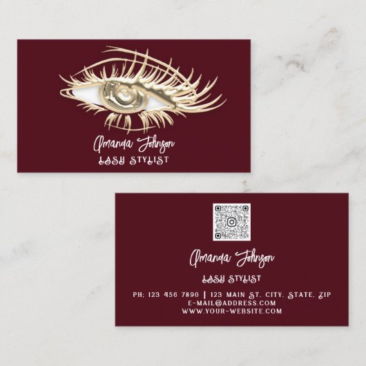Makeup Logo Burgundy Gold Eyelash Qr Code Visitekaartje (Voorkant / Achterkant)