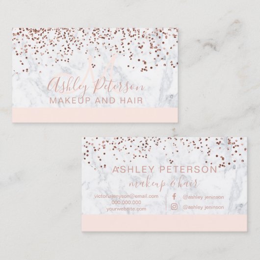 Makeup marble roos gold confetti monogram blush visitekaartje (Voorkant / Achterkant)