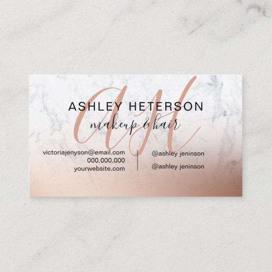 Makeup marble roos gold foil script monogrammen visitekaartje (Achterkant)