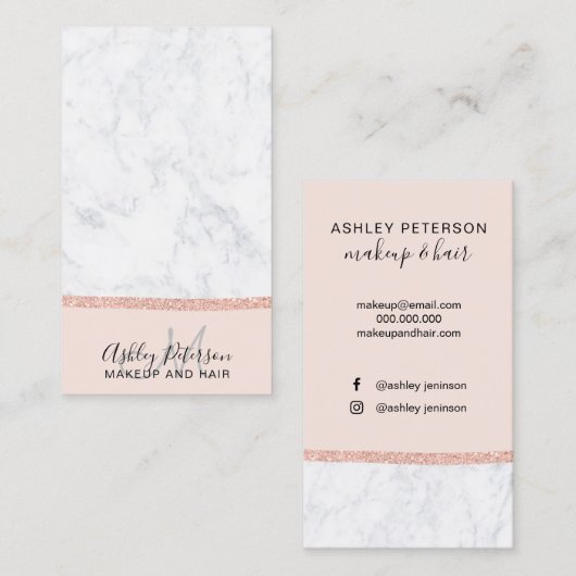 Makeup marble roos gold glitter monogram blush visitekaartje (Voorkant / Achterkant)