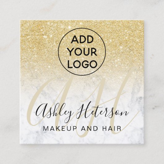 Makeup marmer chic gold glitter logo monogram vierkante visitekaartje (Voorkant)