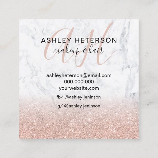 Makeup marmer roos gold glitter logo monogram vierkante visitekaartje (Achterkant)