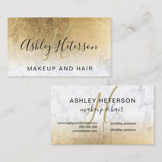 Makeup monogram chic gold foil marble script visitekaartje (Voorkant / Achterkant)