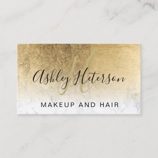 Makeup monogram chic gold foil marble script visitekaartje (Voorkant)