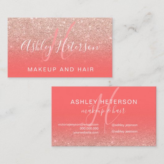 Makeup monogram koraal roos goud glitter script visitekaartje (Voorkant / Achterkant)