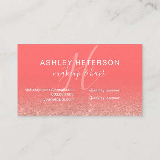 Makeup monogram koraal roos goud glitter script visitekaartje (Achterkant)