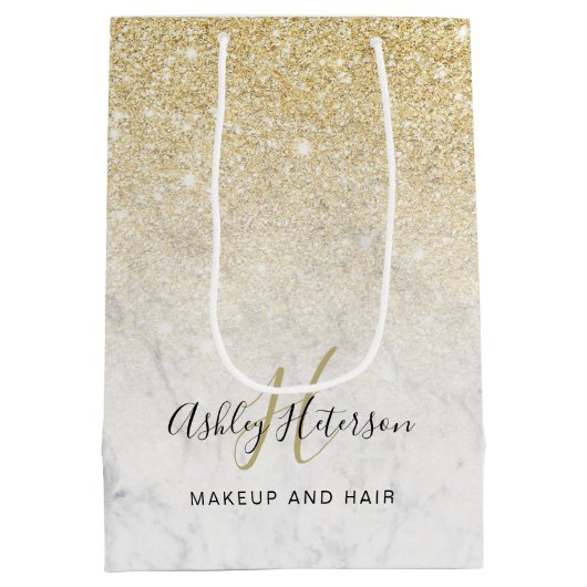 Makeup monogram marmer chic gold glitter script medium cadeauzakje (Achterkant)