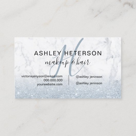 Makeup monogram marmer ice blue glitter script visitekaartje (Achterkant)