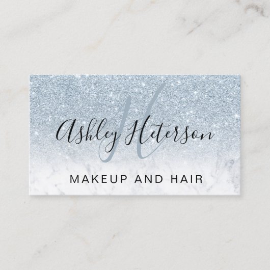 Makeup monogram marmer ice blue glitter script visitekaartje (Voorkant)