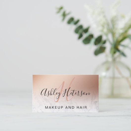 Makeup monogram marmer roos gold foil script visitekaartje (Staand voorkant)