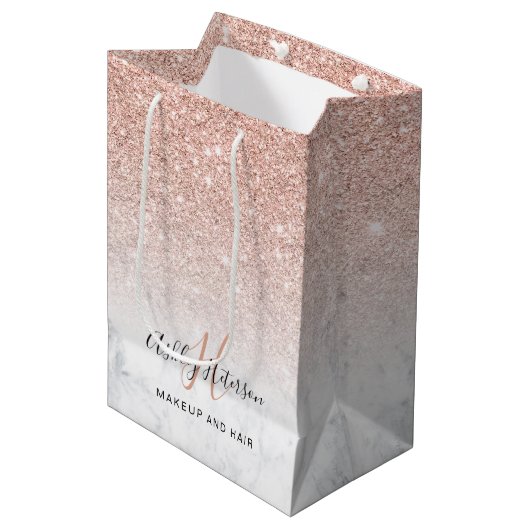 Makeup monogram marmer roos goud glitter script medium cadeauzakje (Voorkant Gekanteld)