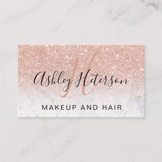Makeup monogram marmer roos goud glitter script visitekaartje (Voorkant)
