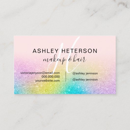 Makeup monogram regenbooglitter script roze visitekaartje (Achterkant)