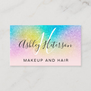 Makeup monogram regenbooglitter script roze visitekaartje