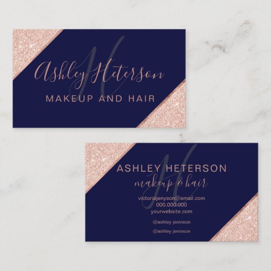 Makeup monogram roos goud glitter stripe marinebla visitekaartje (Voorkant / Achterkant)