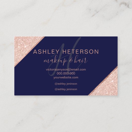 Makeup monogram roos goud glitter stripe marinebla visitekaartje (Achterkant)