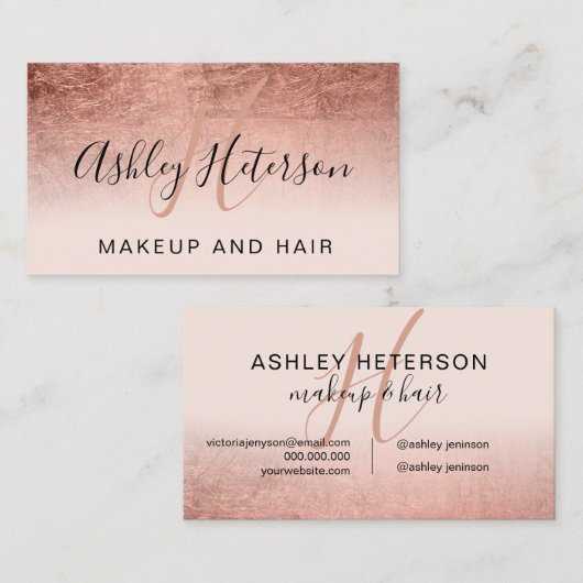 Makeup monogram roos goudfolie zwart roze script visitekaartje (Voorkant / Achterkant)