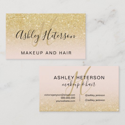 Makeup monogram script chic gold glitter blush visitekaartje (Voorkant / Achterkant)