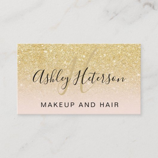 Makeup monogram script chic gold glitter blush visitekaartje (Voorkant)