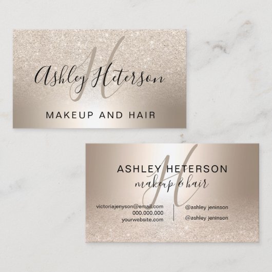 Makeup monogram script chic gold glitter metallic visitekaartje (Voorkant / Achterkant)