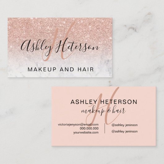 Makeup monogram script marmer roos goud glitter visitekaartje (Voorkant / Achterkant)