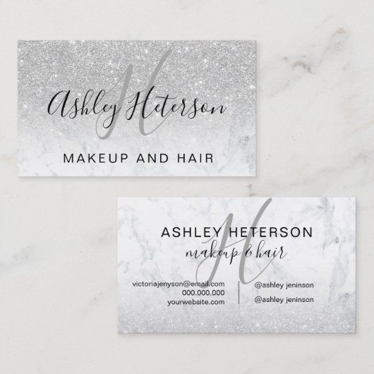 Makeup monogram script marmer Silver Glitter Visitekaartje (Voorkant / Achterkant)