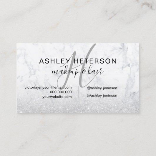 Makeup monogram script marmer Silver Glitter Visitekaartje (Achterkant)