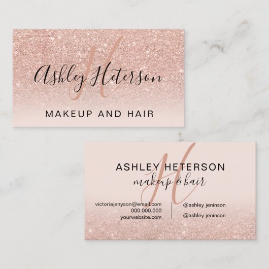Makeup monogram script roos goud glitter blush visitekaartje (Voorkant / Achterkant)
