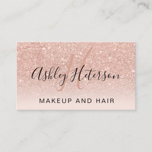Makeup monogram script roos goud glitter blush visitekaartje (Voorkant)