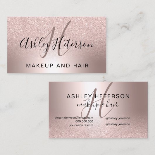 Makeup monogram script roos goud glitter metallic visitekaartje (Voorkant / Achterkant)