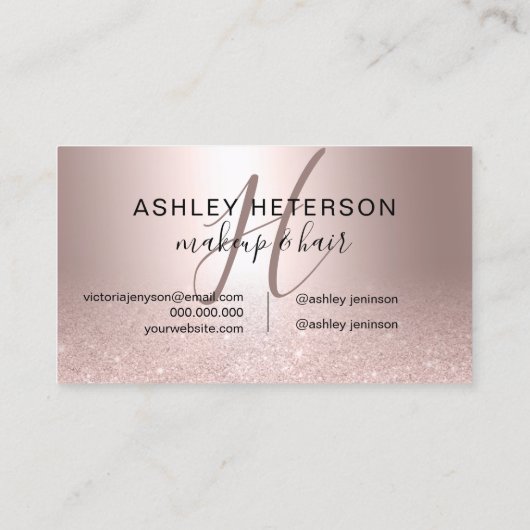 Makeup monogram script roos goud glitter metallic visitekaartje (Achterkant)