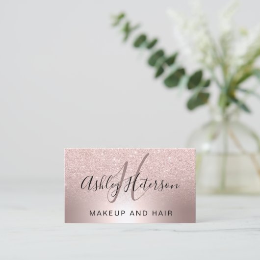 Makeup monogram script roos goud glitter metallic visitekaartje (Staand voorkant)