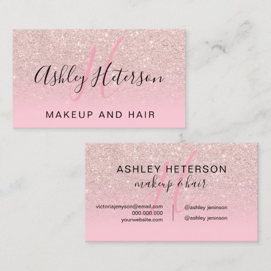 Makeup monogram script roos goud glitter roze visitekaartje (Voorkant / Achterkant)