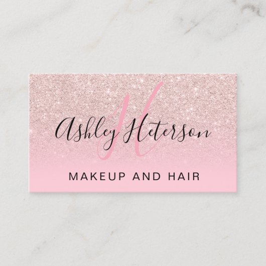 Makeup monogram script roos goud glitter roze visitekaartje (Voorkant)
