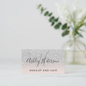 Makeup monogram script zilveren glitter blush visitekaartje (Staand voorkant)
