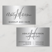 Makeup monogram script zilveren metalen folie visitekaartje (Voorkant / Achterkant)