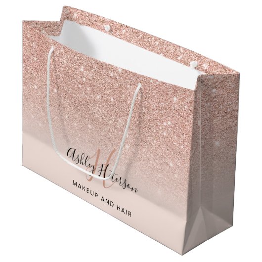 Makeup monogram zwart roos goud glitter script groot cadeauzakje (Voorkant Gekanteld)