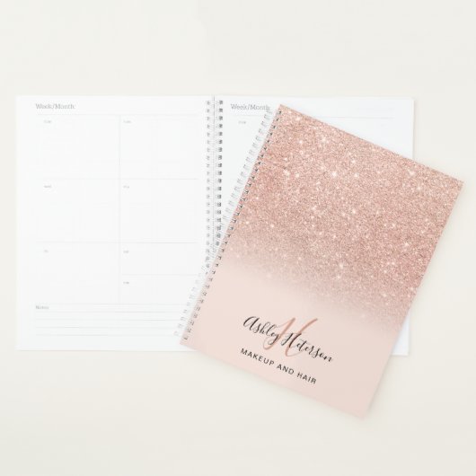 Makeup monogram zwart roos goud glitter script planner (Display)