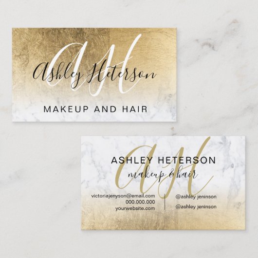 Makeup monogramed gold foil marble script visitekaartje (Voorkant / Achterkant)