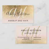 Makeup monogramed gold foil roze script visitekaartje (Voorkant / Achterkant)