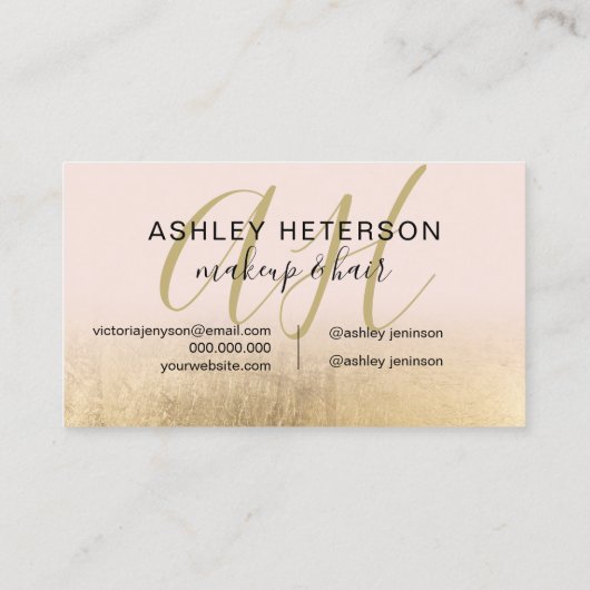 Makeup monogramed gold foil roze script visitekaartje (Achterkant)